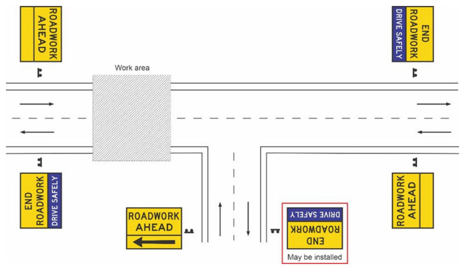 Figure 4.6.11(d) – Roadworks on a through road with no impact on the side road