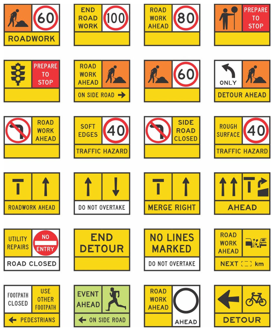 Figure B1 – Multi-message sign combination examples with traffic travelling to the right side of the signs