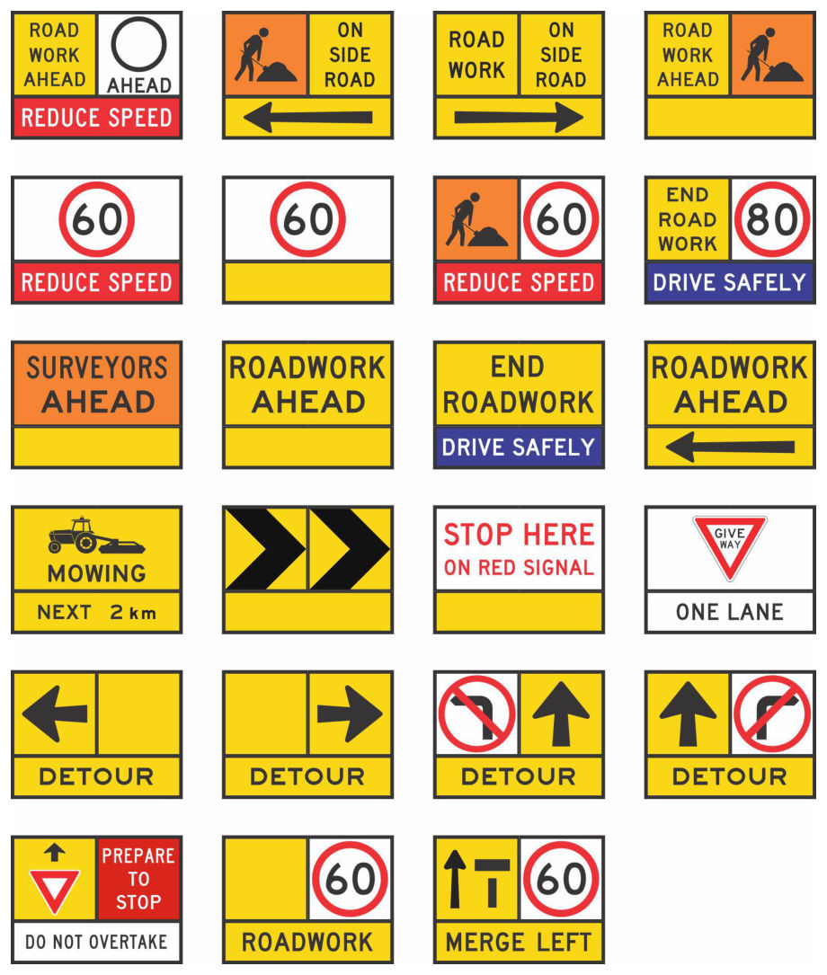 Figure B2 – Additional multi-message sign combination examples with traffic travelling to the right side of the signs