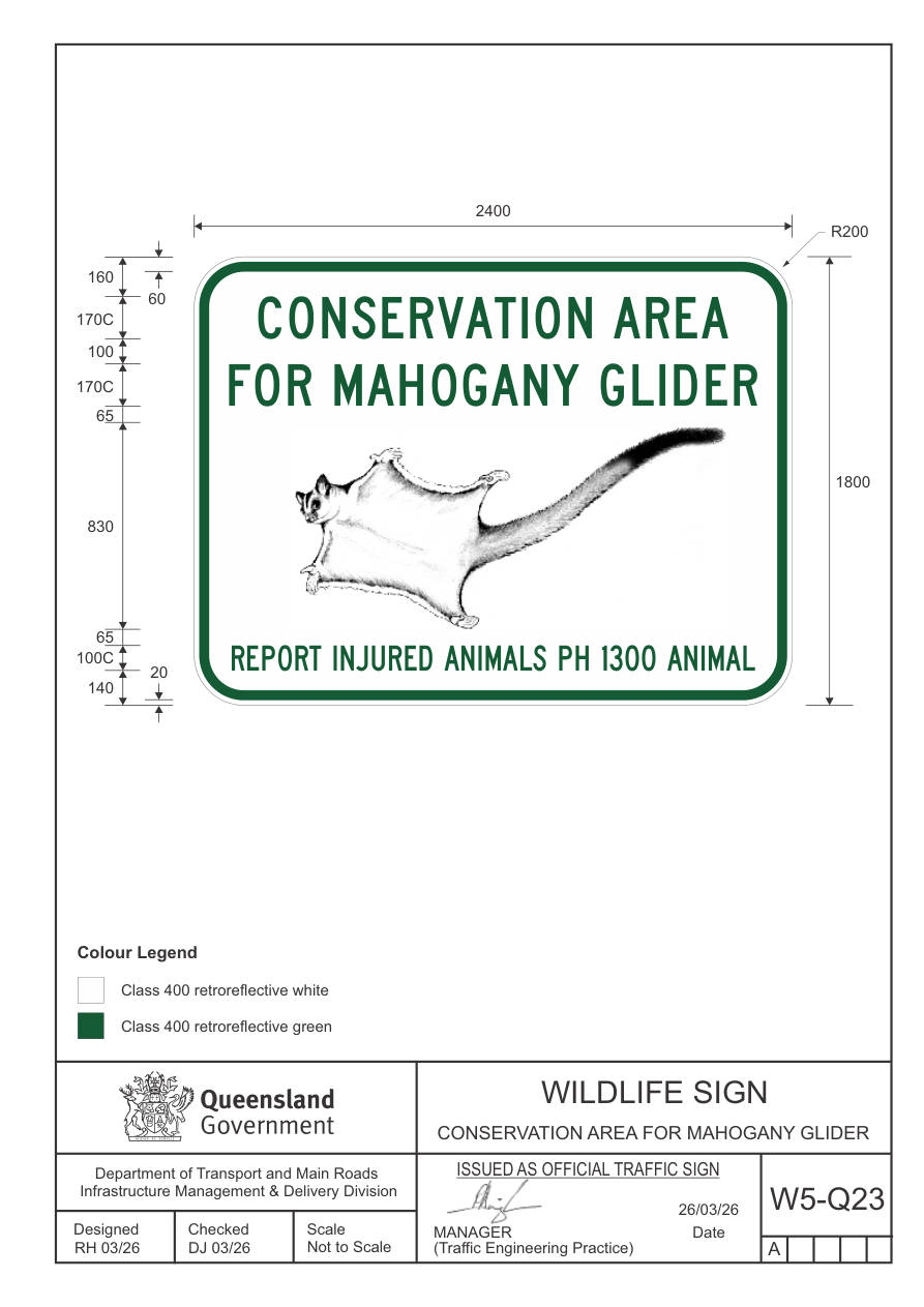 Page 433 of MUTCD Q-Series Signs showing WILDLIFE SIGN CONSERVATION AREA FOR MAHOGANY GLIDER