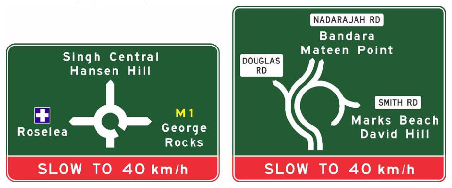 Figure 6.5(g) – Examples of alternative information panel REDUCE SPEED NOW incorporated into the direction sign (preferred option)