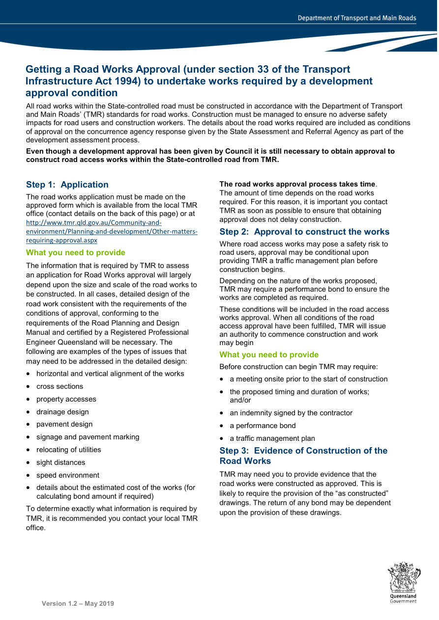 Page 1 of Road Works Approvals Fact Sheet