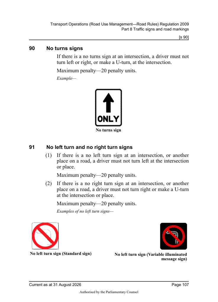 Page 109 of Qld Road Rules 2009 showing No left turn sign (Standard sign)