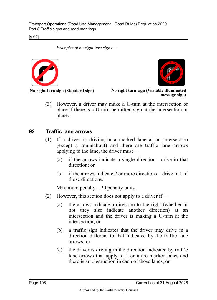 Page 110 of Qld Road Rules 2009 showing No right turn sign (Standard sign)