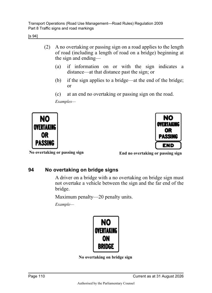 Page 112 of Qld Road Rules 2009 showing No overtaking or passing sign