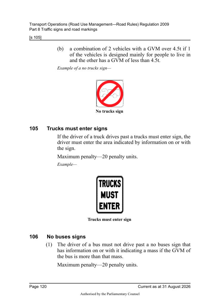 Page 122 of Qld Road Rules 2009 showing No trucks sign