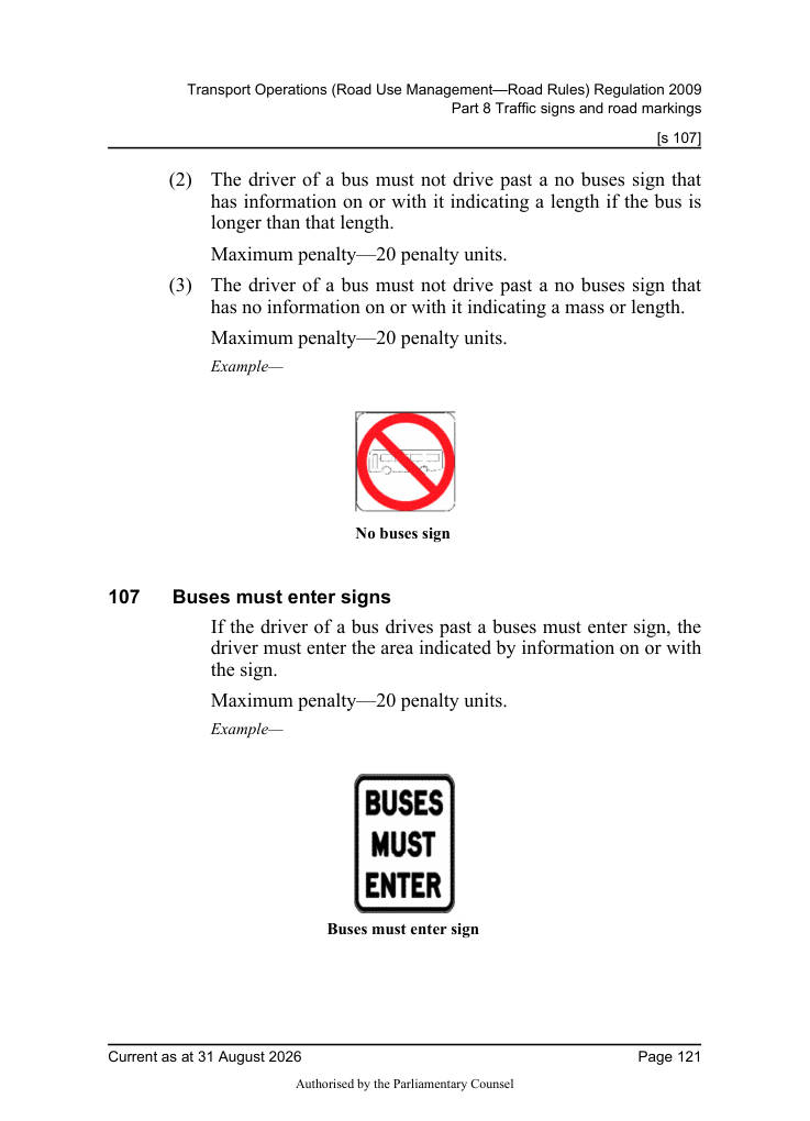 Page 123 of Qld Road Rules 2009 showing No buses sign