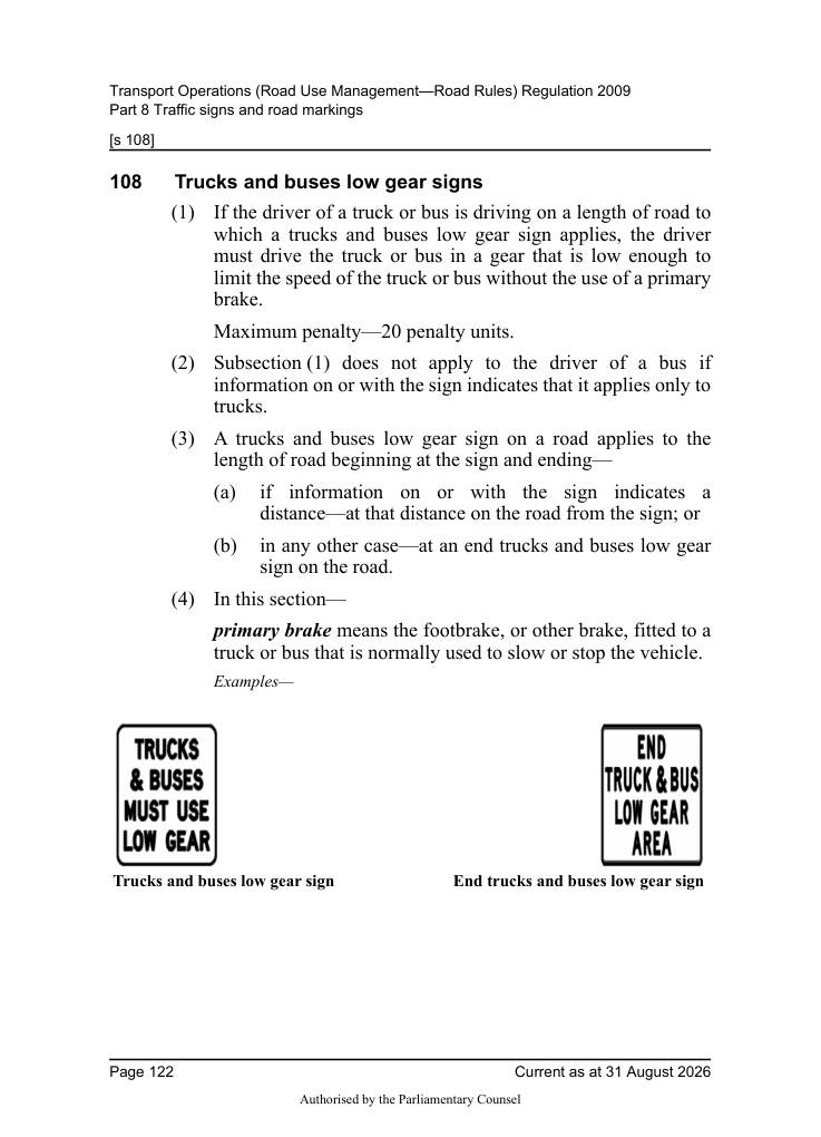 Page 124 of Qld Road Rules 2009 showing Trucks and buses low gear sign