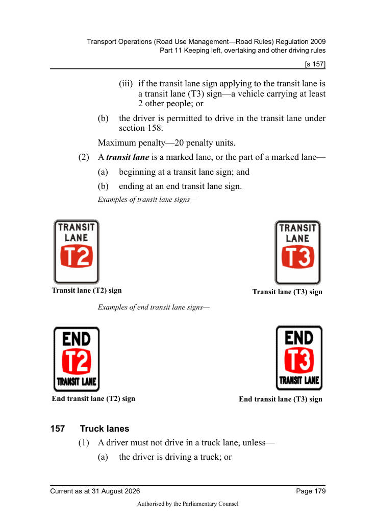 Page 181 of Qld Road Rules 2009 showing Transit lane (T2) sign