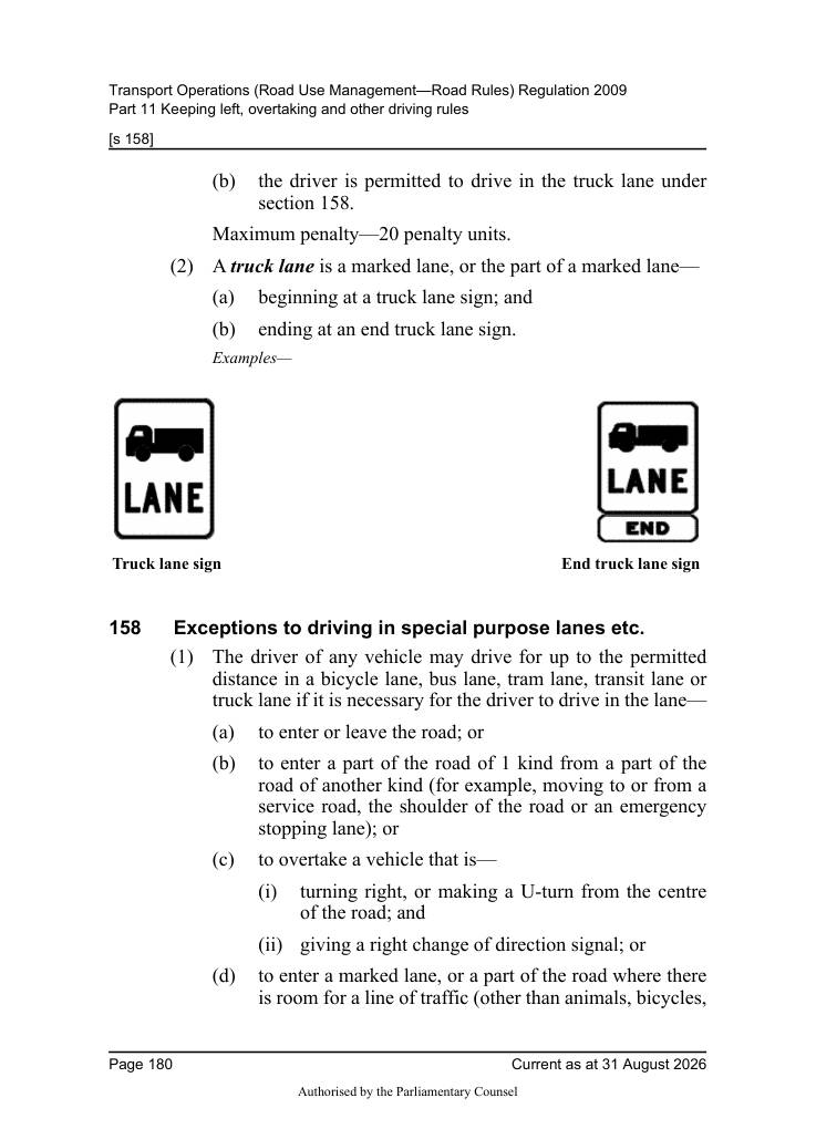Page 182 of Qld Road Rules 2009 showing Truck lane sign