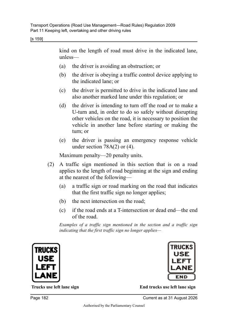 Page 184 of Qld Road Rules 2009 showing Trucks use left lane sign