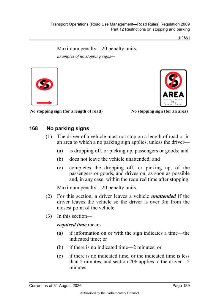 Page 191 of Qld Road Rules 2009 showing No stopping sign (for a length of road)