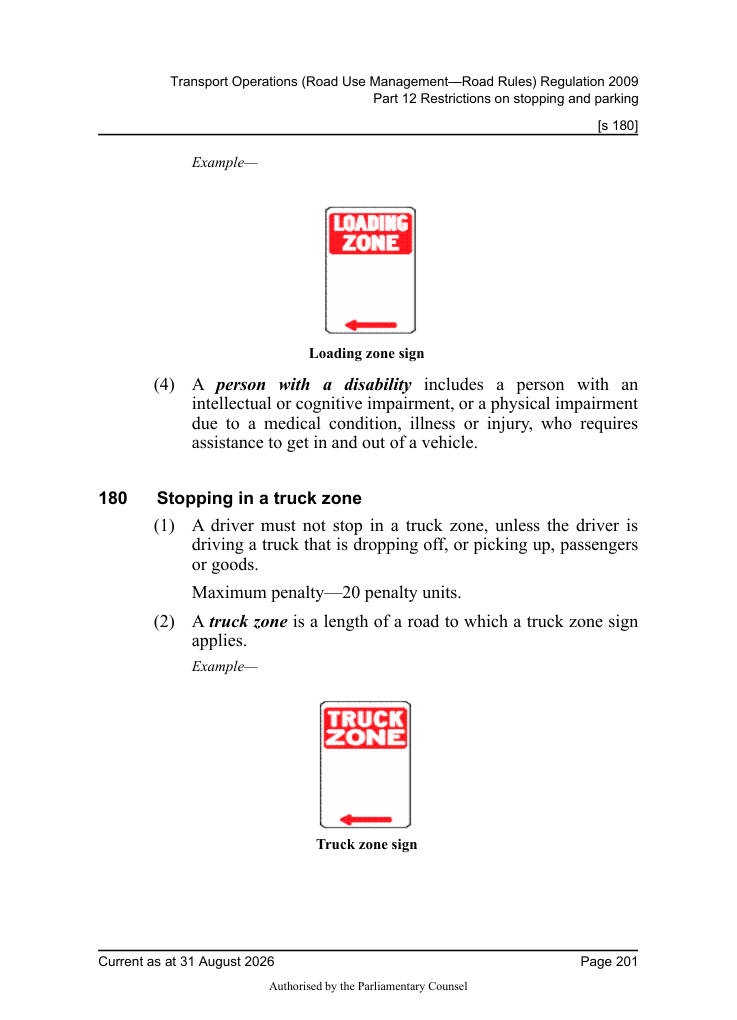Page 203 of Qld Road Rules 2009 showing Loading zone sign