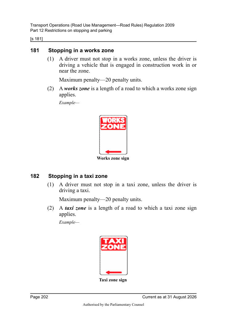 Page 204 of Qld Road Rules 2009 showing Works zone sign