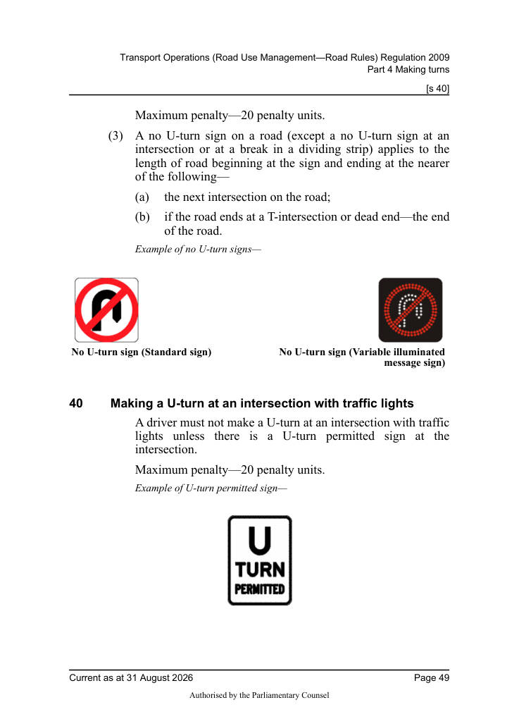Page 51 of Qld Road Rules 2009 showing No U-turn sign (Standard sign) No U-turn sign (Variable illuminated message sign)