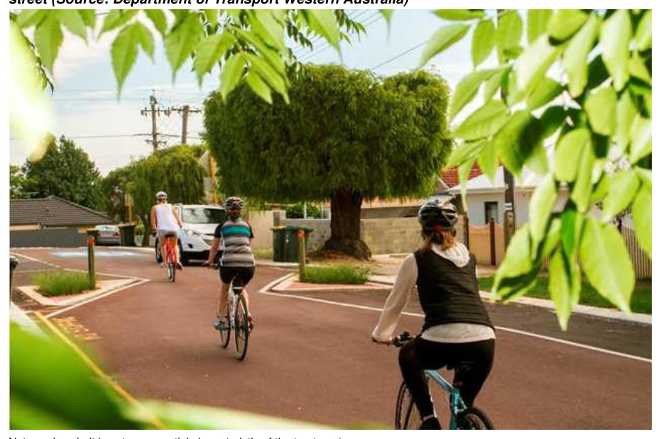 Figure 3.2 – Cycle Street – Example from Perth where red asphalt is used to highlight the cycle street (Source: Department of Transport Western Australia)