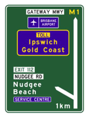 Figure 7.2(e) – Exit destination via a toll road included on a sign which is not on or on the