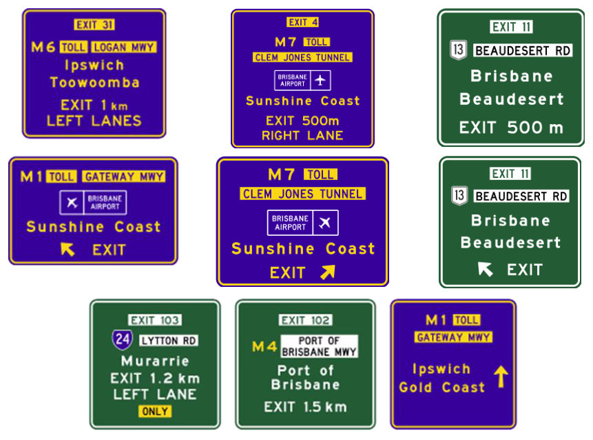 Figure 7.8 – Examples of exit direction signs (Overhead signs on one gantry)