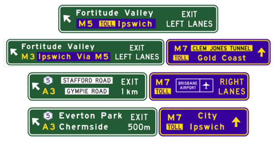 Figure 7.16 – Examples of direction signs in tunnels for toll roads